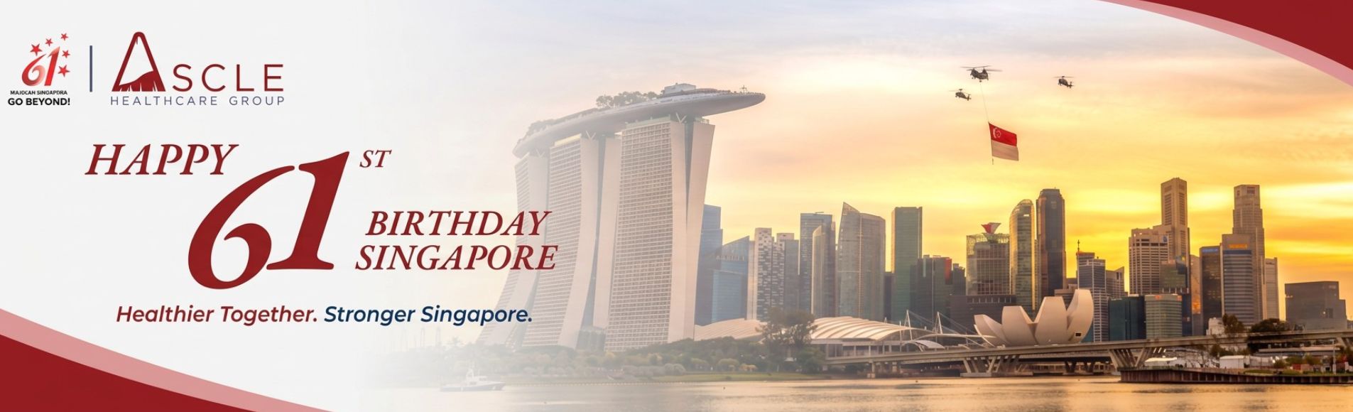 A panoramic view of Singapore celebrating its 61st birthday with the skyline, festive decorations, and helicopters flying with the national flag.